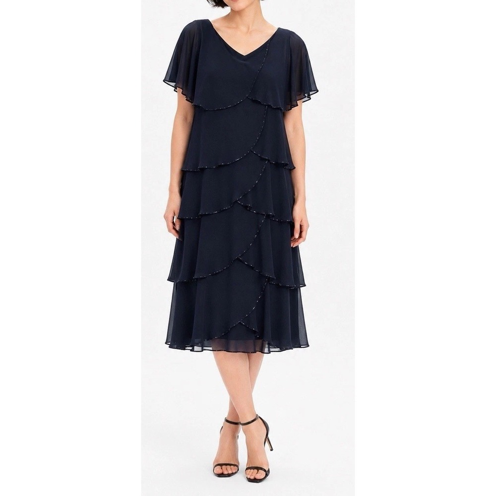 NWT‎ Patra Layered with Beading Dress V Neck Navy Lapis Size 8